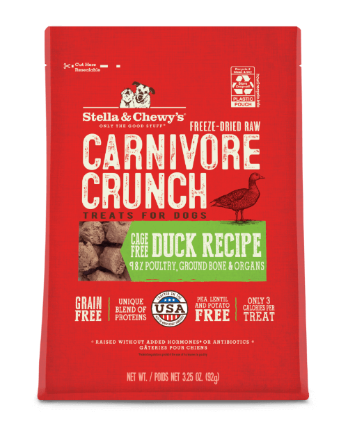 Stella and Chewy's Duck Carnivore Crunch Freeze-Dried Raw Dog Treats 3.25oz packaging featuring grain-free duck recipe.