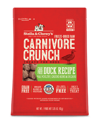 Stella and Chewy's Duck Carnivore Crunch Freeze-Dried Raw Dog Treats 3.25oz packaging featuring grain-free duck recipe.