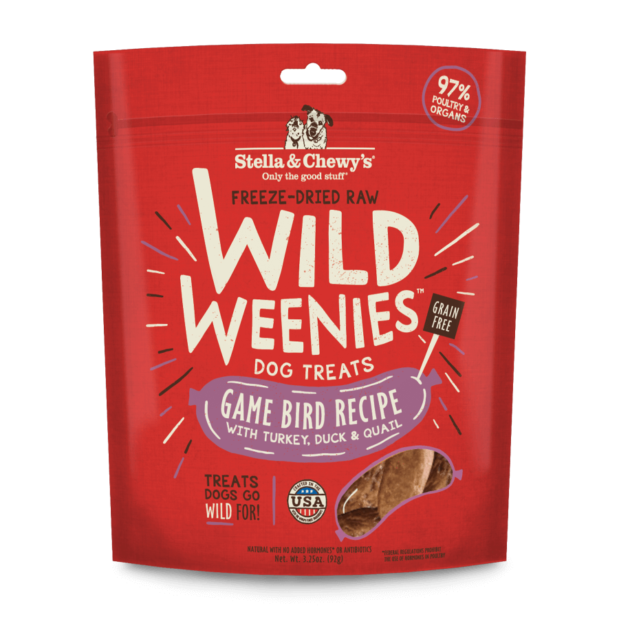 Stella and Chewy's Wild Weenies Freeze-Dried Raw Dog Treats, Game Bird Recipe with turkey, duck & quail, 97% poultry and organs.