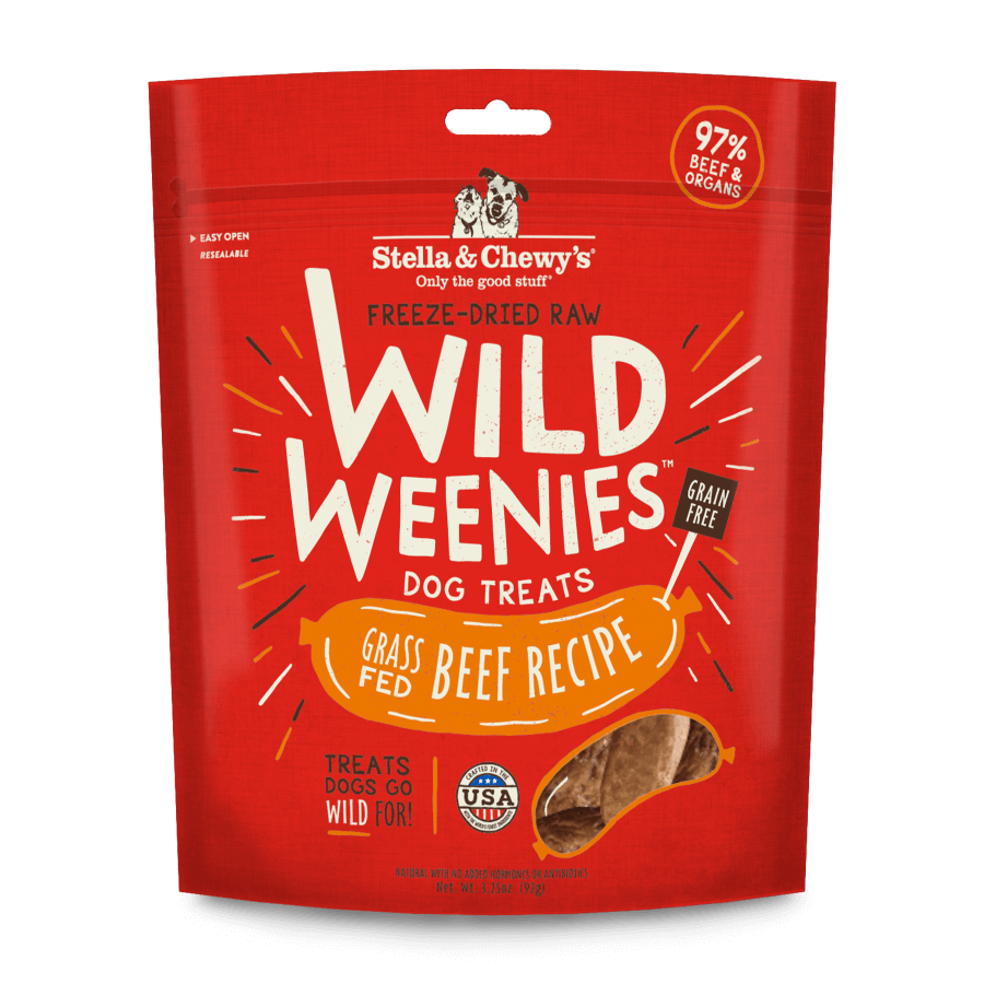 Stella and Chewy's Freeze-Dried Raw Wild Weenies, 97% grass-fed beef dog treats, all-natural, grain-free.