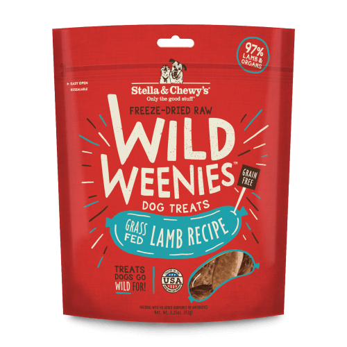Stella and Chewy's freeze-dried raw Wild Weenies dog treats with grass-fed lamb, 97% lamb and organs for healthy pups.