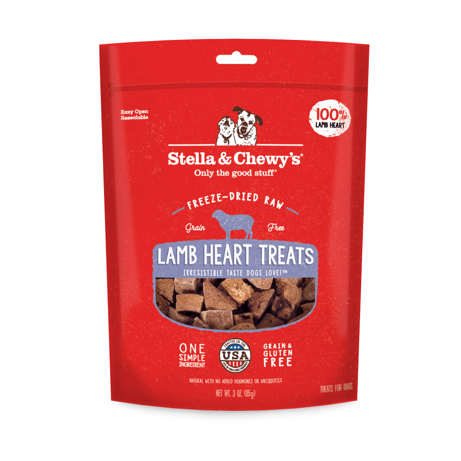 Stella and Chewy's freeze-dried raw dog treats, 100% lamb heart, single ingredient, grain and gluten free.