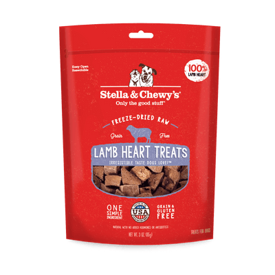 Stella and Chewy's freeze-dried raw dog treats, 100% lamb heart, single ingredient, grain and gluten free.