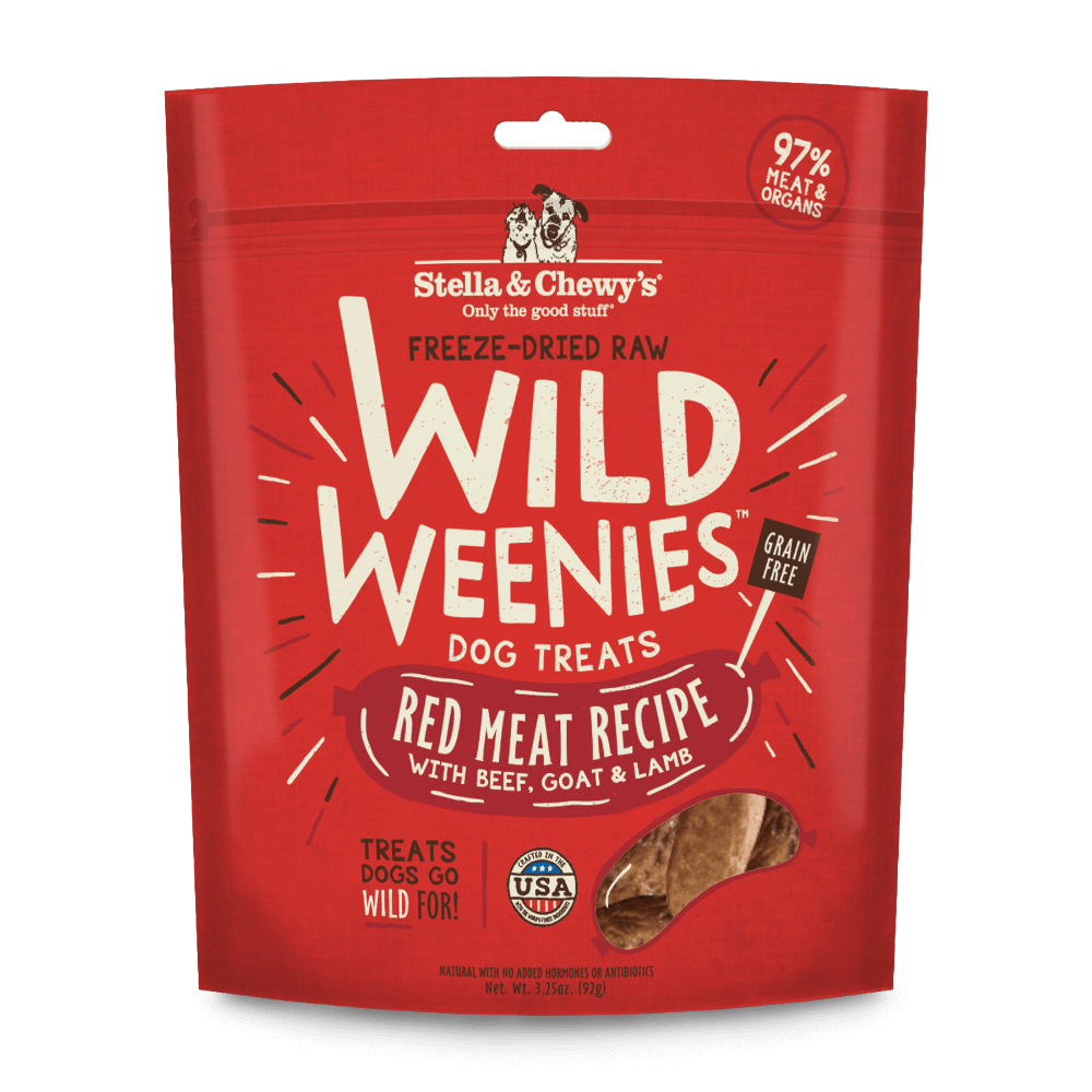 Stella and Chewy's Wild Weenies freeze-dried raw dog treats with beef, goat, and lamb, 97% muscle meat. Ideal for training.