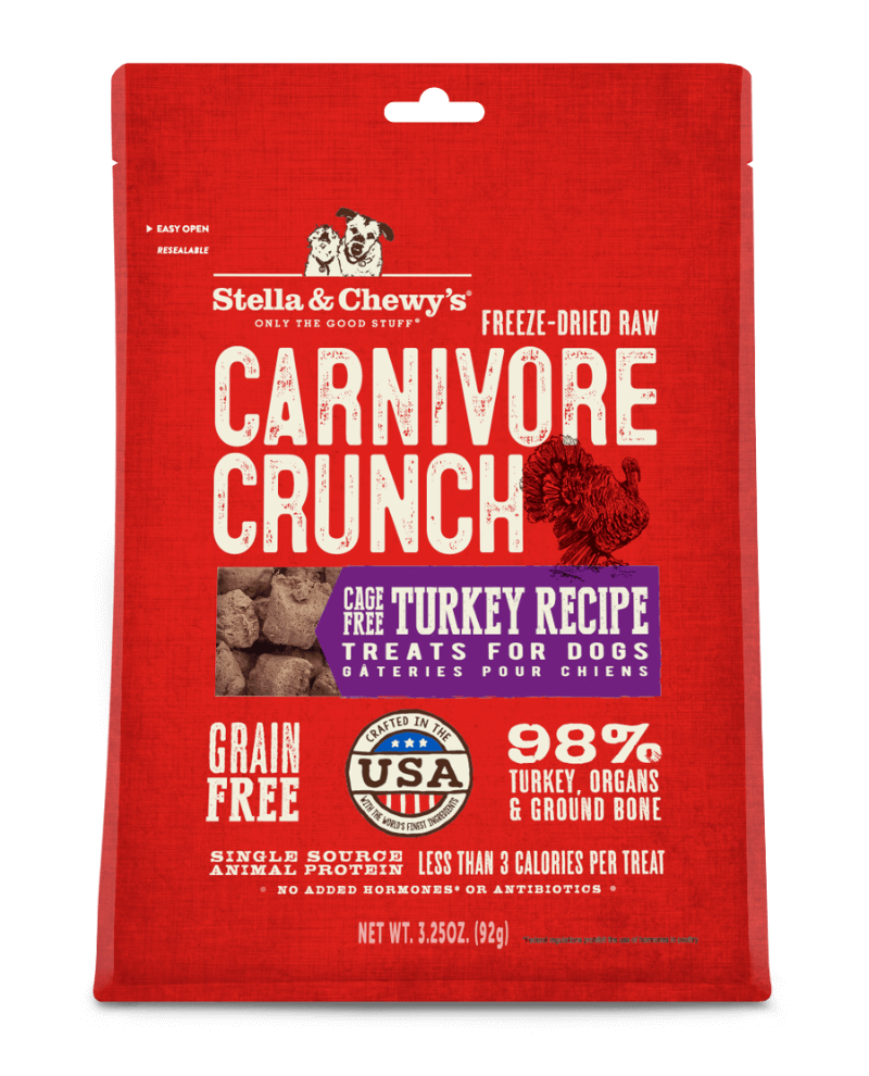 Stella and Chewy's Turkey Carnivore Crunch Freeze-Dried Raw Dog Treats, 98% turkey, grain-free, single source protein, under 3 calories per treat.