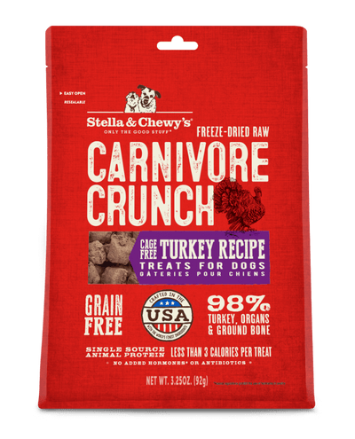 Stella and Chewy's Turkey Carnivore Crunch Freeze-Dried Raw Dog Treats, 98% turkey, grain-free, single source protein, under 3 calories per treat.