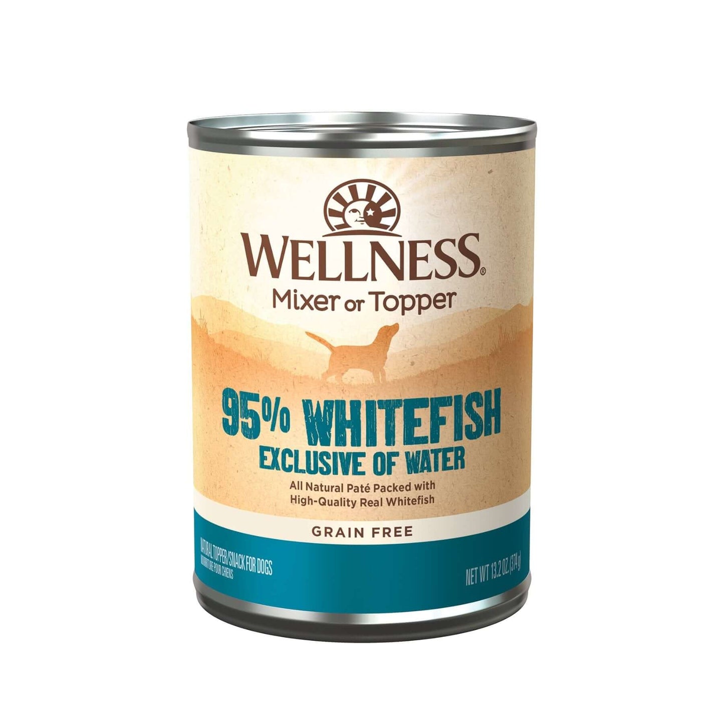 Wellness 95% Whitefish Grain-Free Dog Wet Food 13.2 OZ can, high-protein natural ingredients, made in the USA.