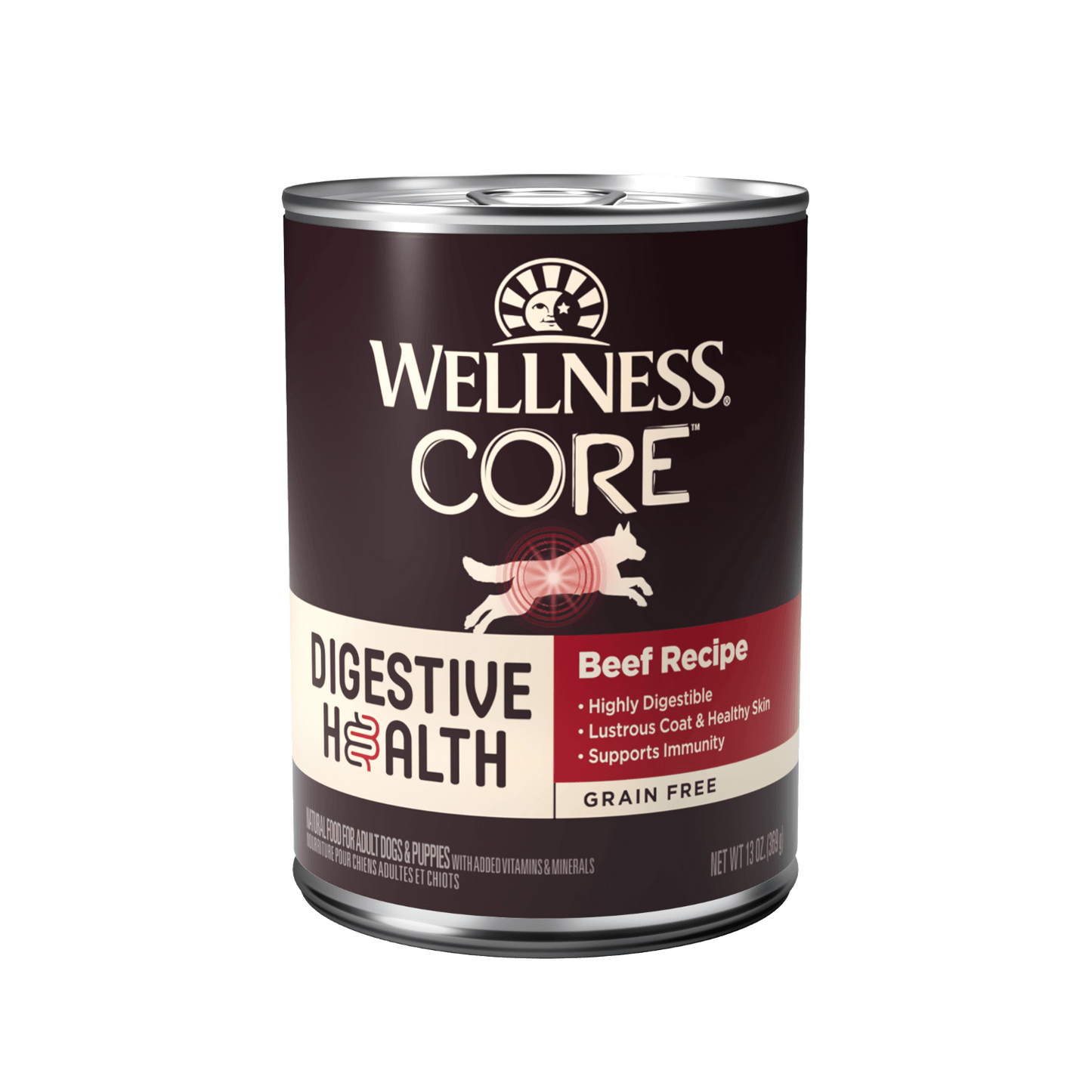 Wellness CORE Digestive Health Beef Grain-Free Dog Wet Food can, promoting digestive health and well-being for dogs.