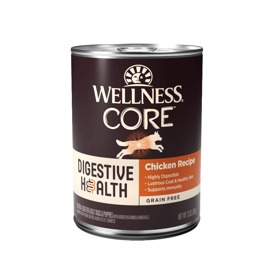 Wellness CORE Digestive Health Chicken Recipe grain-free dog wet food can for sensitive stomachs.