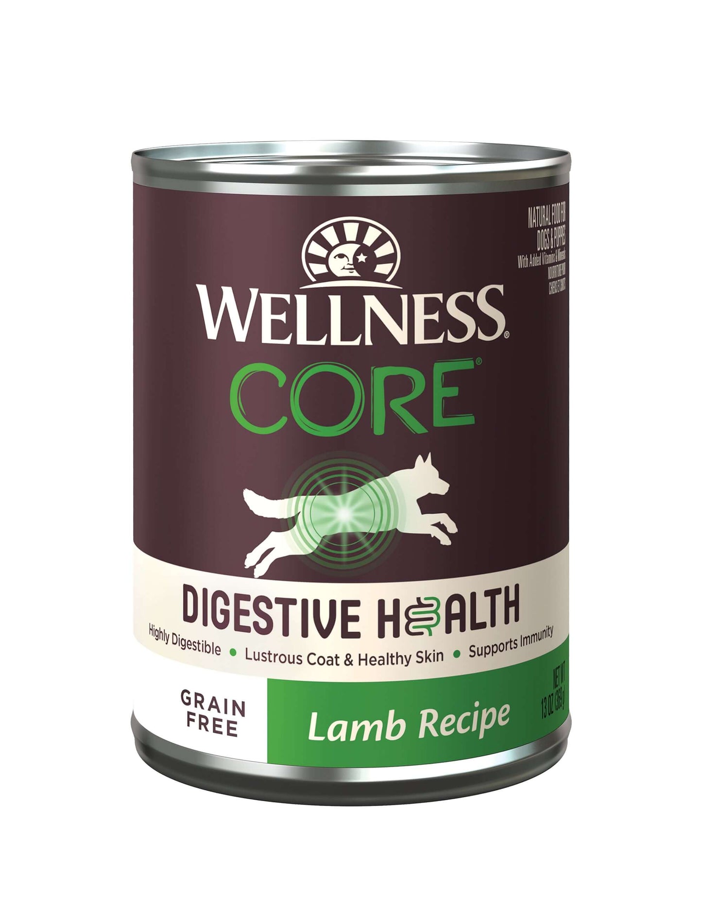 Wellness CORE Digestive Health Lamb Grain-Free Dog Wet Food 13 oz can for sensitive stomachs and overall gut health.