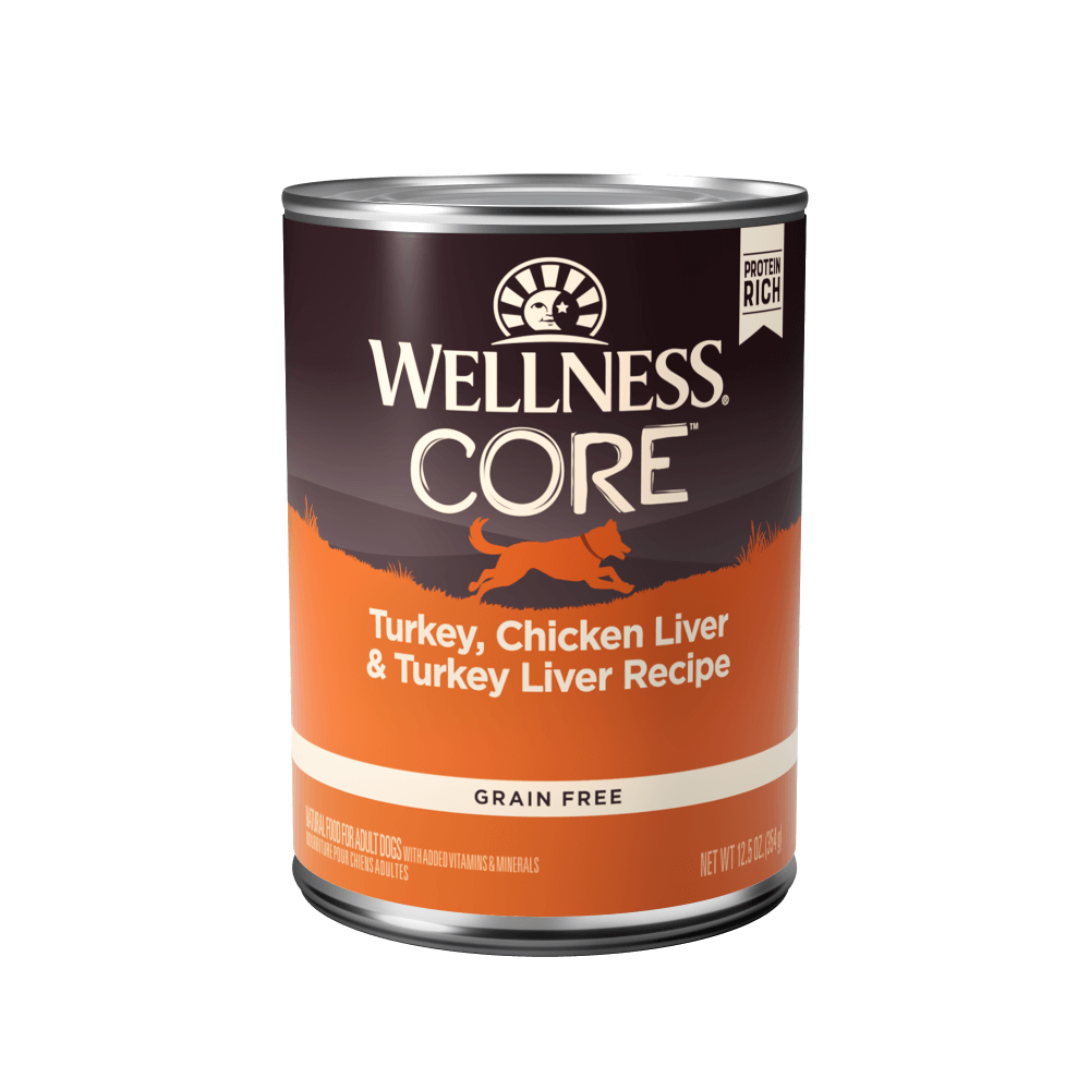 Wellness CORE Grain-Free Turkey, Chicken Liver & Turkey Liver Dog Wet Food can 12.5 oz for healthy digestion and strong muscles.