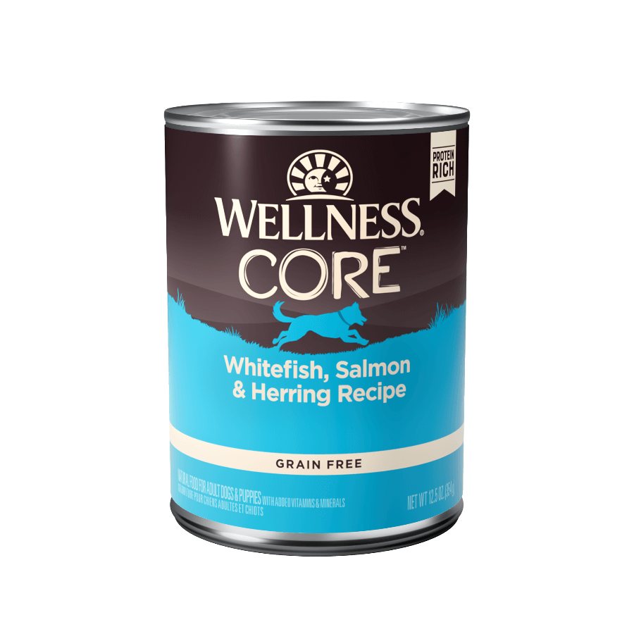 Wellness CORE Grain-Free Whitefish, Salmon & Herring Recipe wet dog food can, 12.5 oz, high-quality fish protein.
