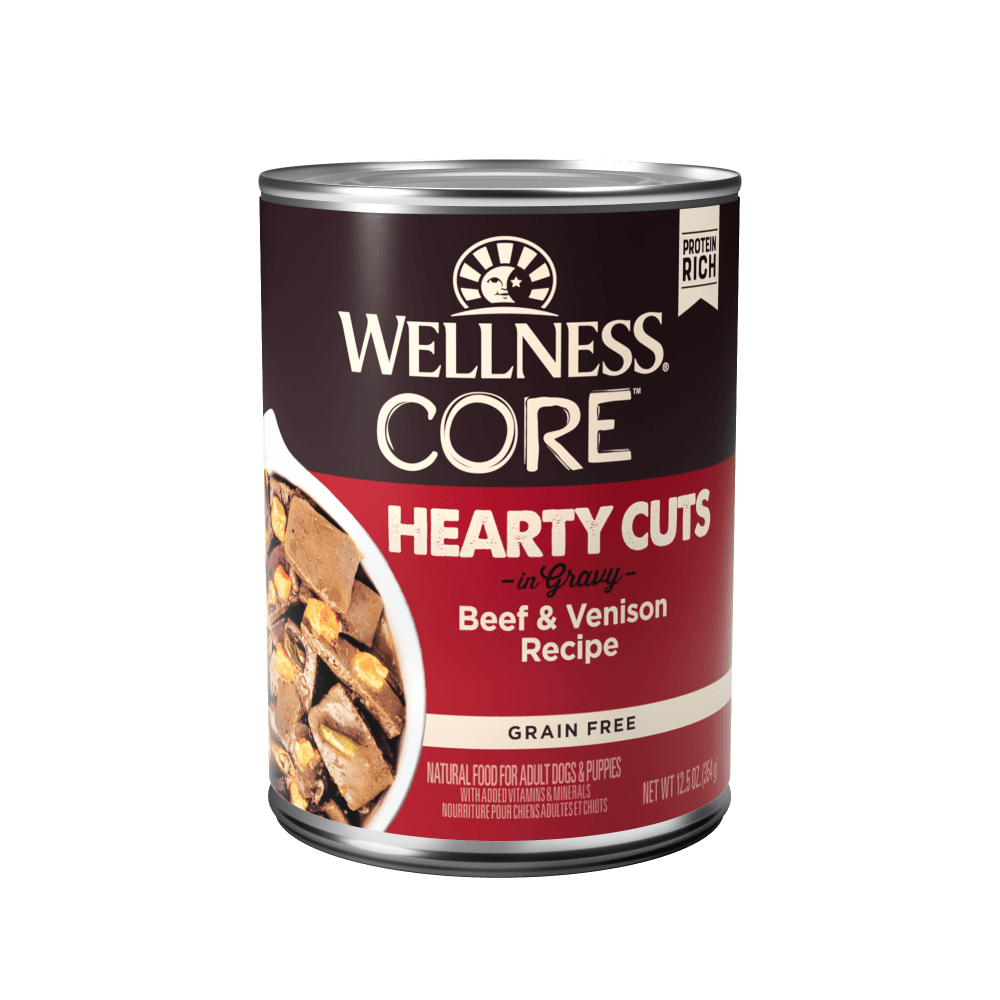 Wellness CORE Hearty Cuts Beef & Venison wet dog food can, 12.5 oz, grain-free, high-quality protein for dogs.