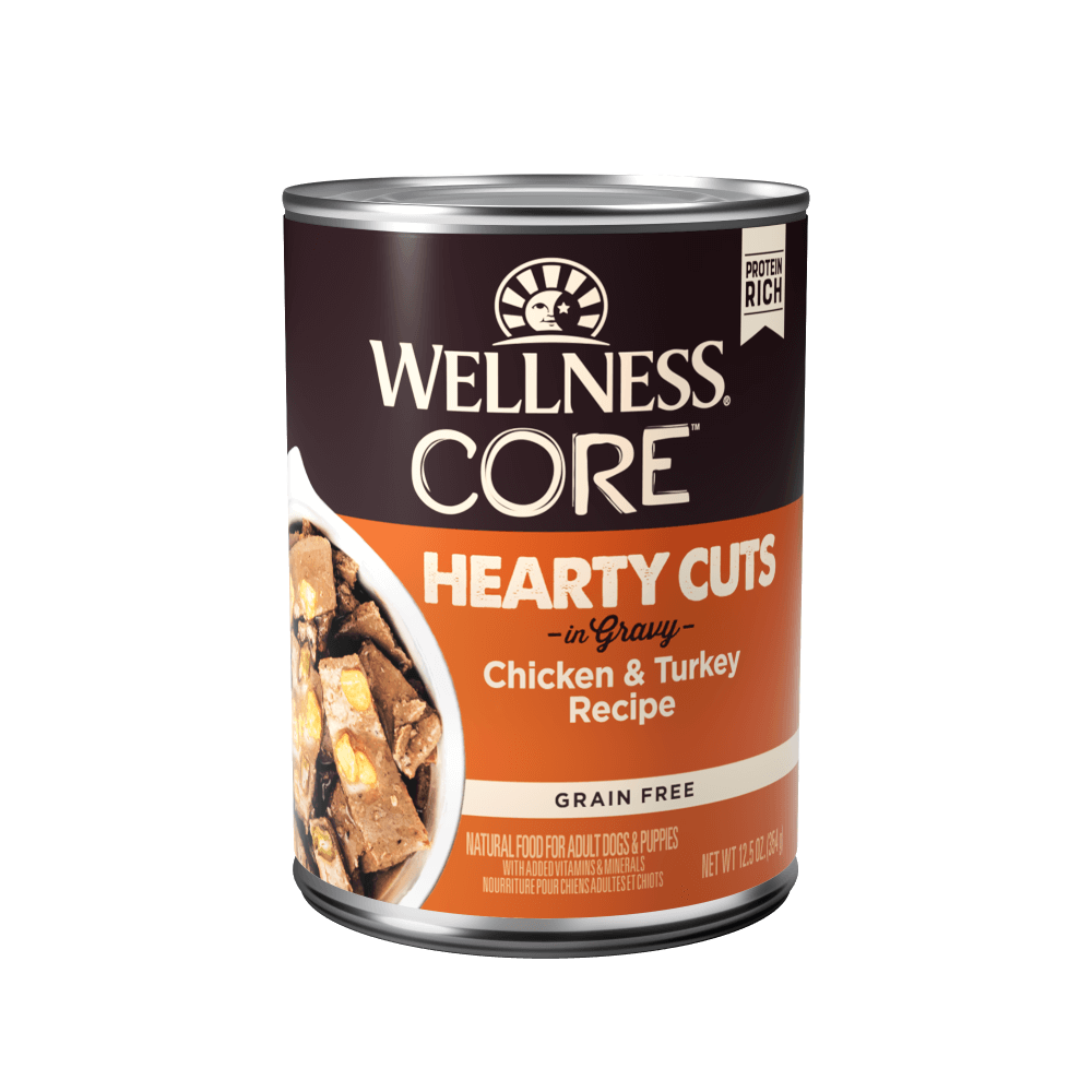 Wellness CORE Hearty Cuts Chicken & Turkey Wet Dog Food can, grain-free recipe in savory gravy, 12.5oz.