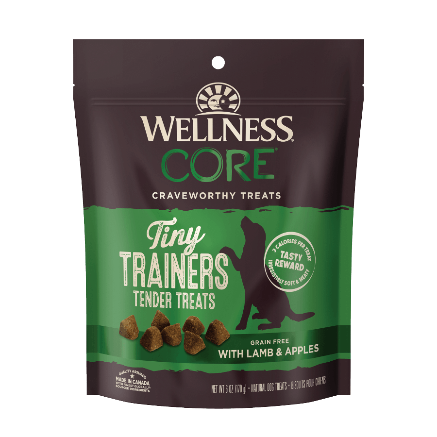 Wellness CORE Tiny Trainers Lamb & Apple dog treats, grain-free, soft and perfect for training small breed dogs.