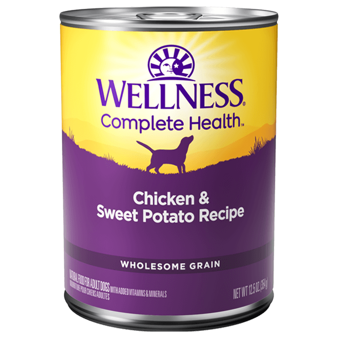 Wellness Complete Health Chicken & Sweet Potato Recipe canned dog food, 12.5 OZ, nutritious for healthy digestion and skin.