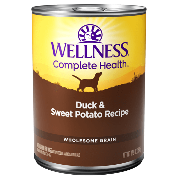 Wellness Complete Health Duck & Sweet Potato Recipe canned dog food, 12.5oz, grain-free nutrition for dogs.