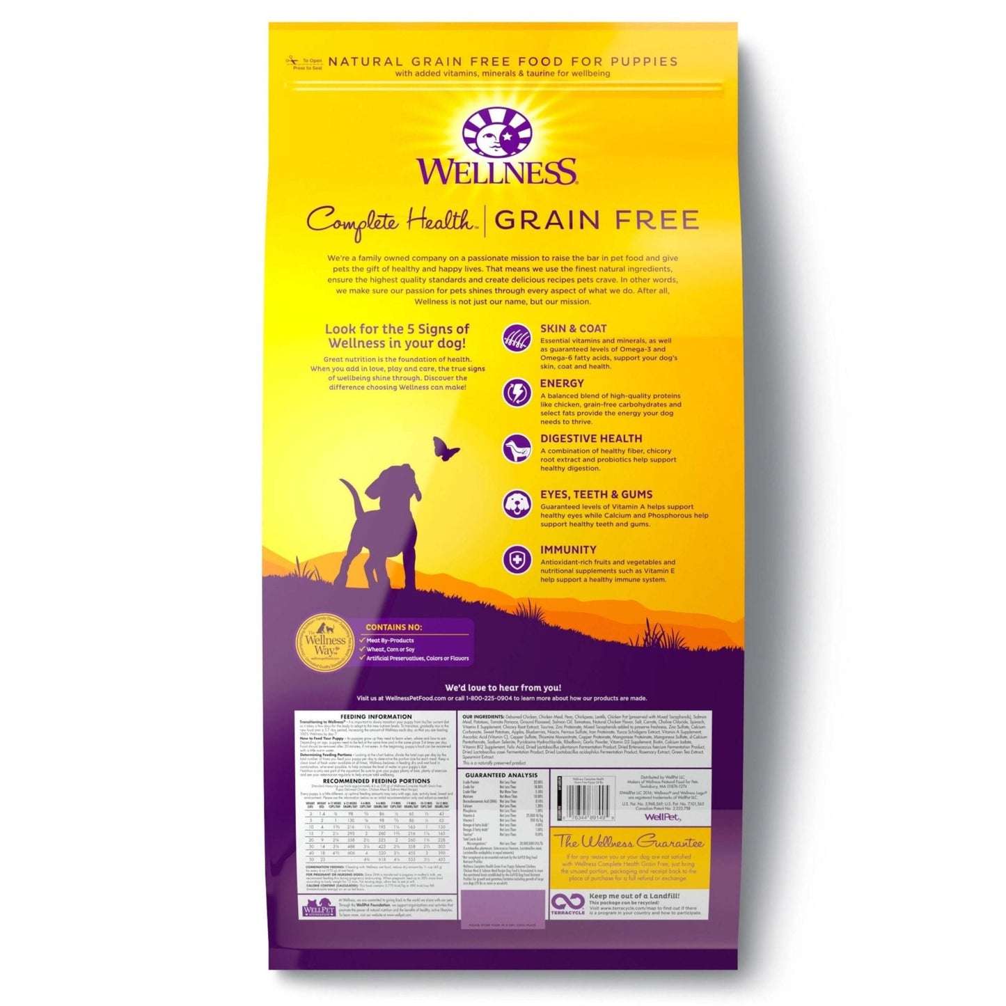 Wellness Complete Health Grain-Free Puppy Dry Food with Chicken and Salmon back packaging
