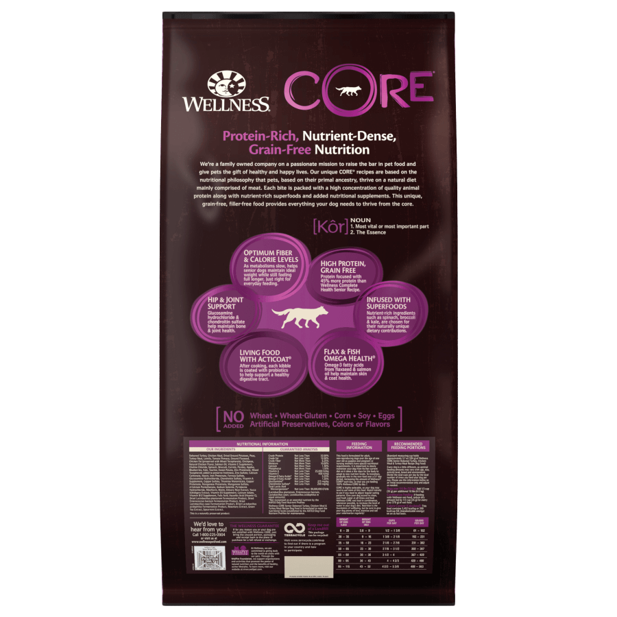 Wellness Core Senior Grain-Free dry dog food with deboned turkey, chicken meal, and turkey meal