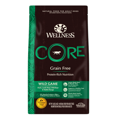 Wellness Core Wild Game Grain-Free dry dog food with duck, lamb meal, wild boar, and rabbit