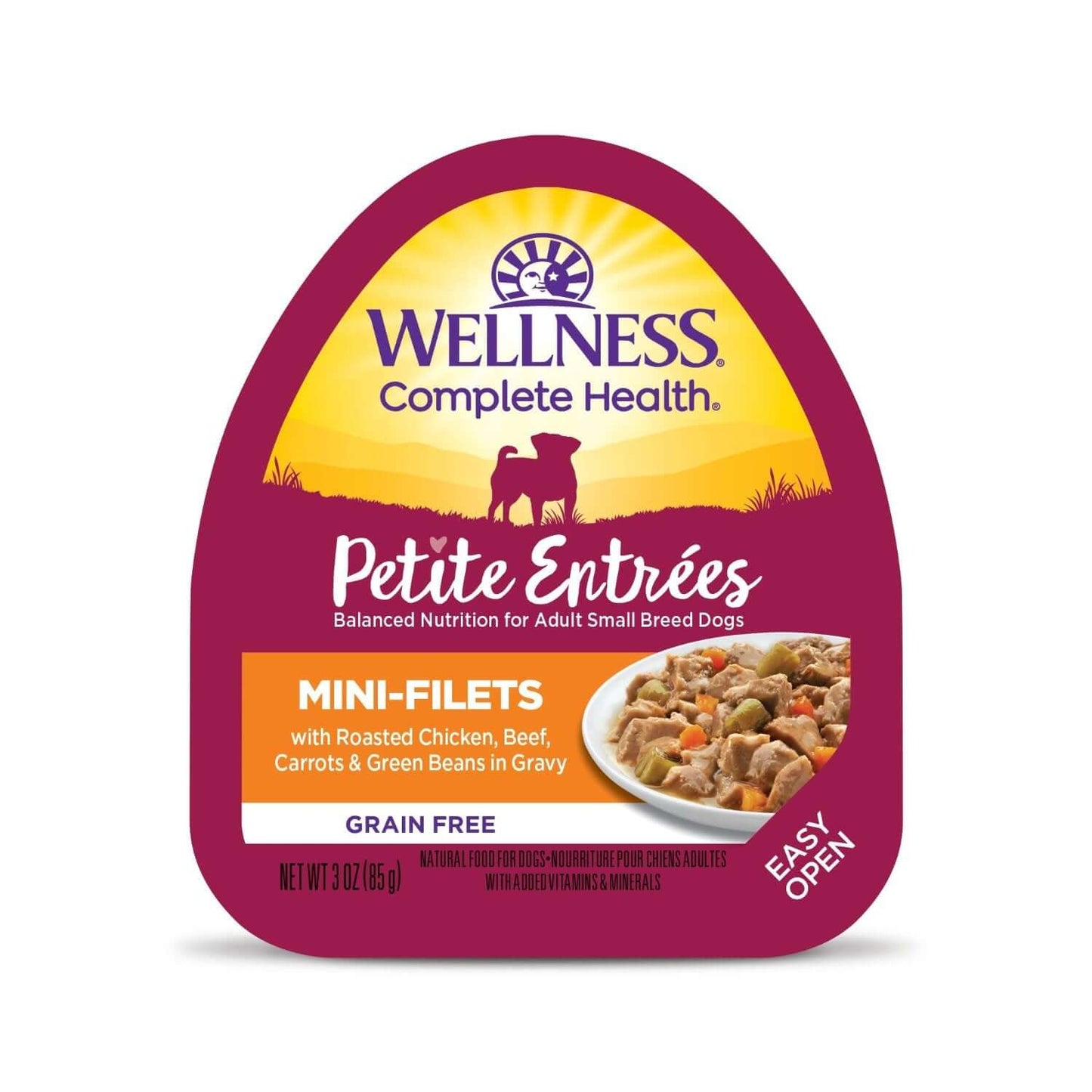 Wellness Petite Entrees mini-filets wet dog food featuring chicken, beef, carrots, and green beans in gravy.