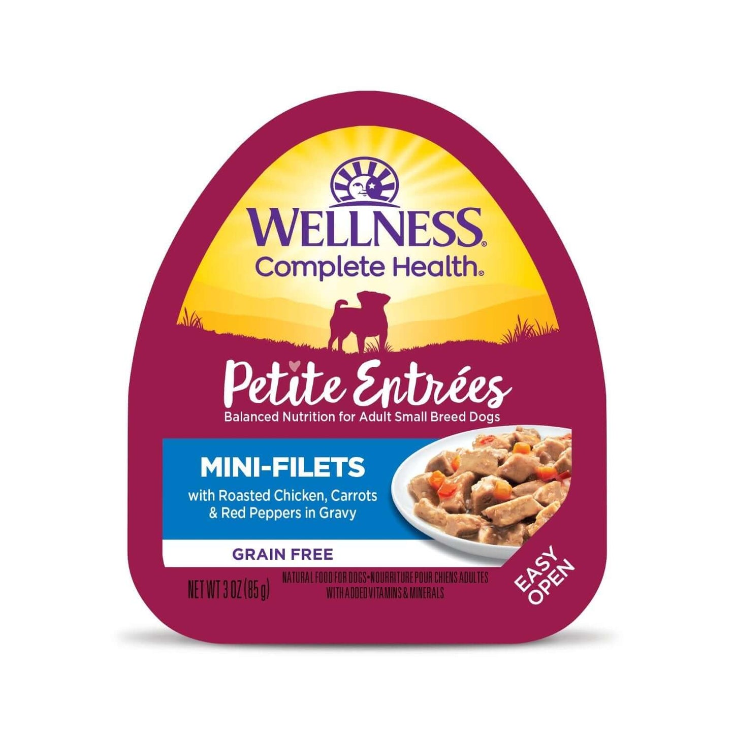 Wellness Petite Entrees Mini-Filets with roasted chicken, carrots, and red peppers in gravy for small breed dogs.