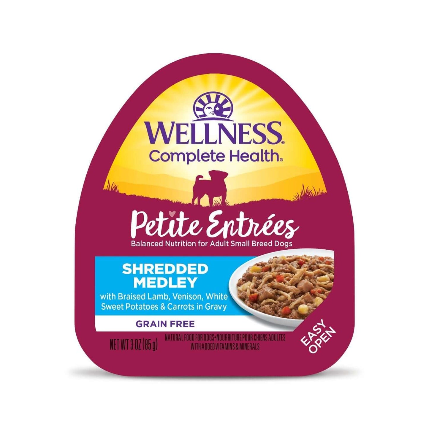 Wellness Petite Entree dog wet food, shredded medley with lamb, venison, sweet potatoes, and carrots, 3 oz pack.
