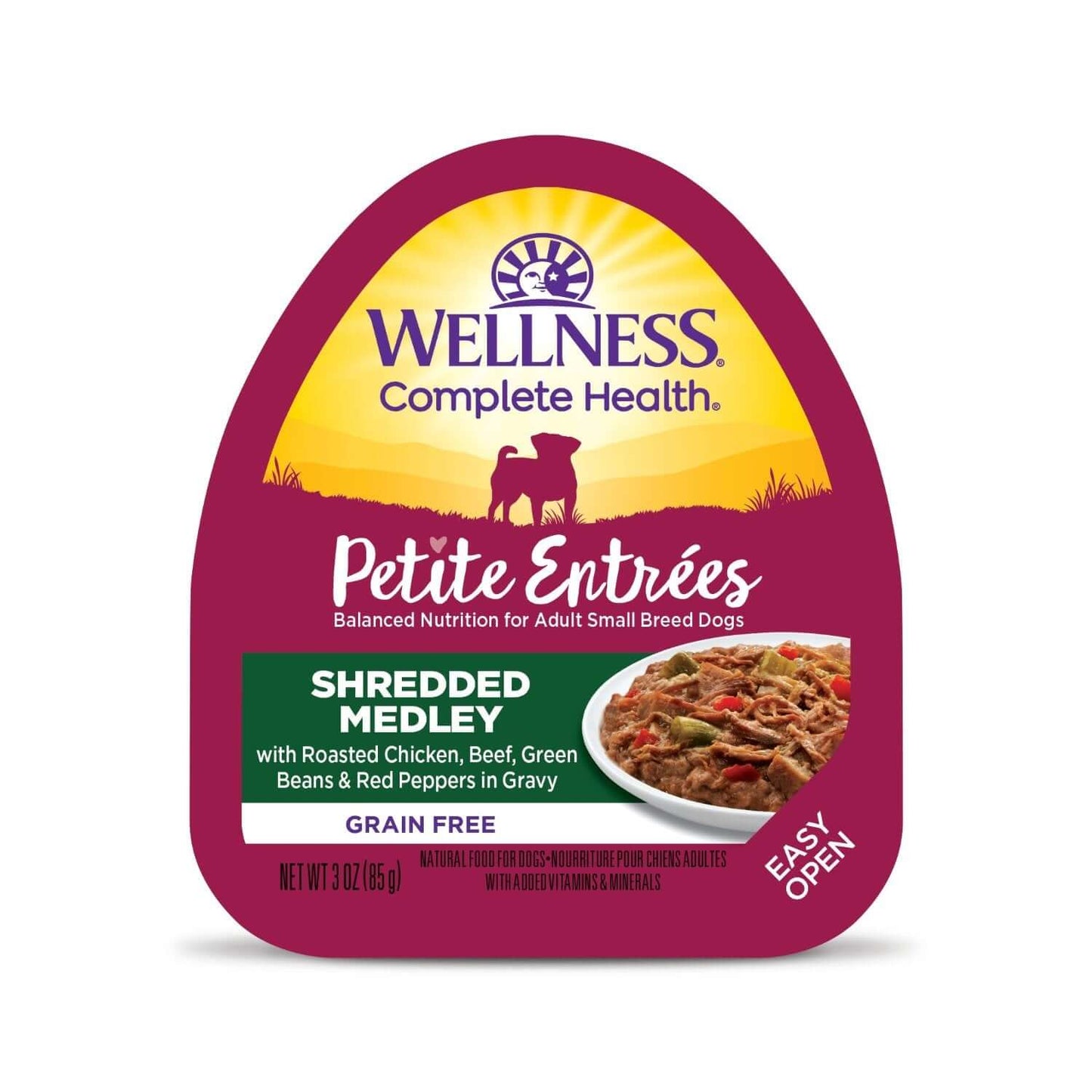 Wellness Petite Entree Shredded Medley dog wet food with roasted chicken, beef, green beans, red peppers in gravy.