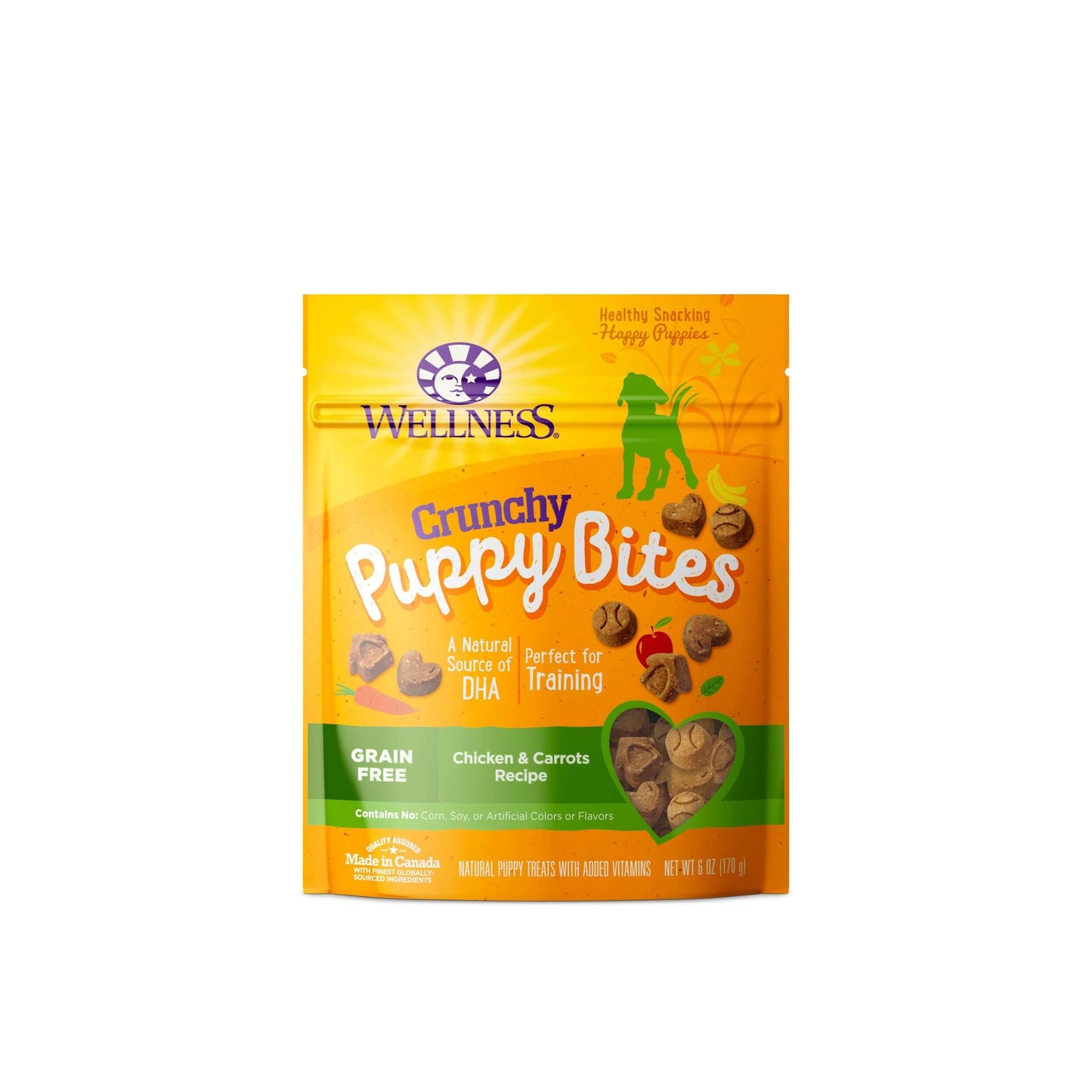 Wellness Crunchy Puppy Bites Chicken & Carrots grain-free dog treats for puppies, ideal for training and teething relief.