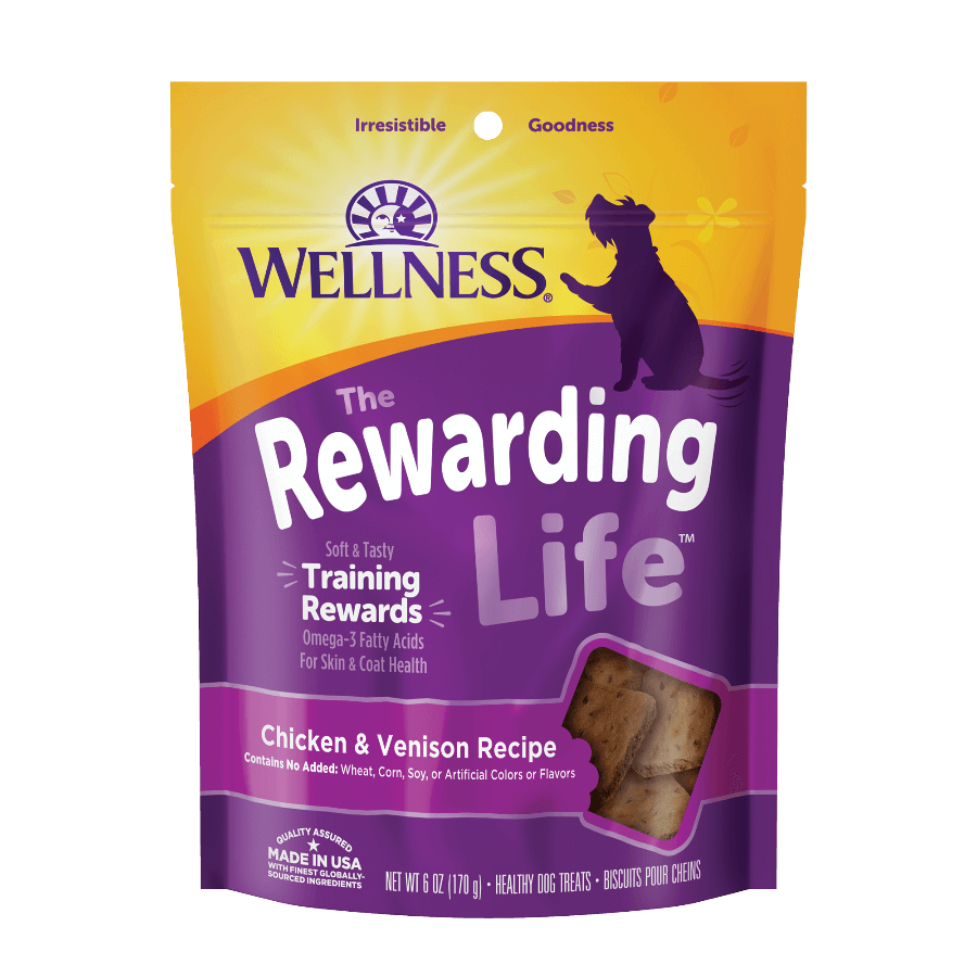 Wellness Rewarding Life Chicken & Venison dog training treats, soft and chewy, natural ingredients, perfect for rewarding dogs.