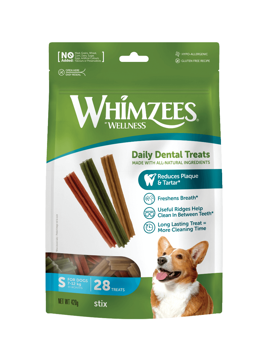 Whimzees Stix vegetarian dental chew treats for dogs' oral health