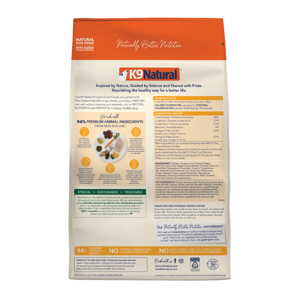 K9 Natural Freeze Dried Chicken Feast dry dog food packaging with nutrient details and premium ingredients.