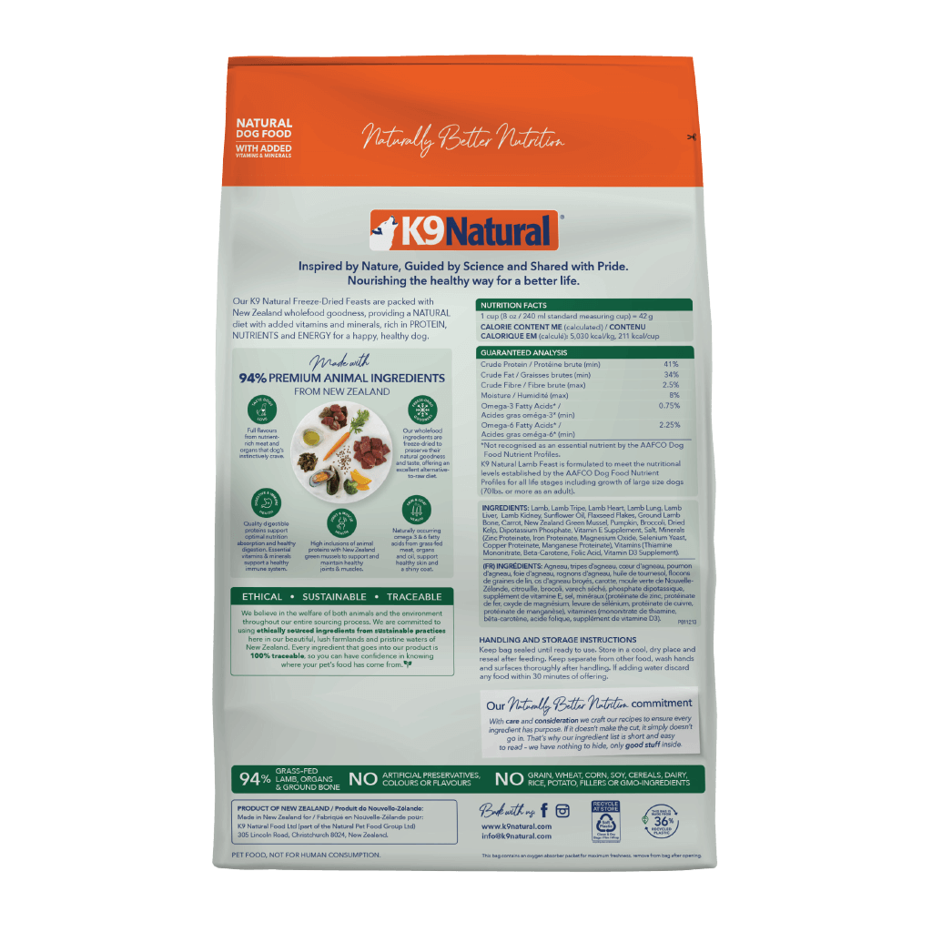 K9 Natural Freeze Dried Lamb Feast dry dog food packaging showcasing premium ingredients and nutritional benefits.