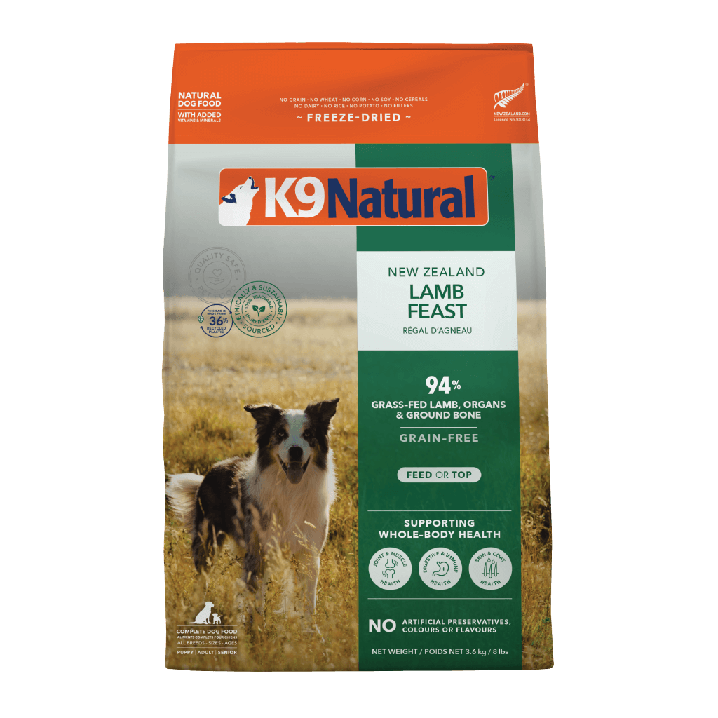K9 Natural Freeze-Dried Lamb Feast Dog Food bag with grass-fed lamb, supporting whole-body health.