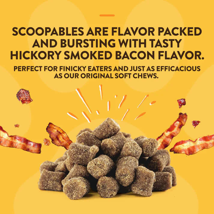 Scoopables dog supplement chunks with hickory smoked bacon flavor, ideal for picky eaters and effective for digestion.