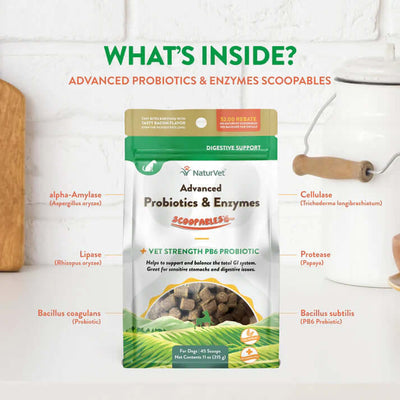 NaturVet Advanced Probiotics & Enzymes Scoopables packaging highlighting digestive support and probiotic ingredients.