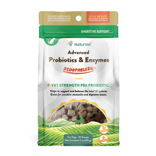 NaturVet Advanced Probiotics & Enzymes dog supplement package for digestive support, 11oz, with bacon flavor.
