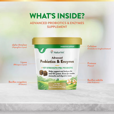 NaturVet Advanced Probiotics & Enzymes supplement container with labeled ingredients on a light green background
