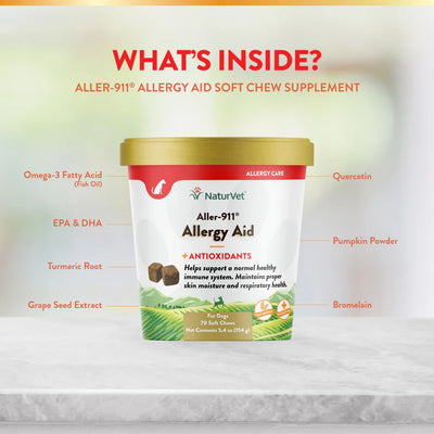 Naturvet Aller-911 Allergy Aid Soft Chew supplement container with ingredients listed on a white background.