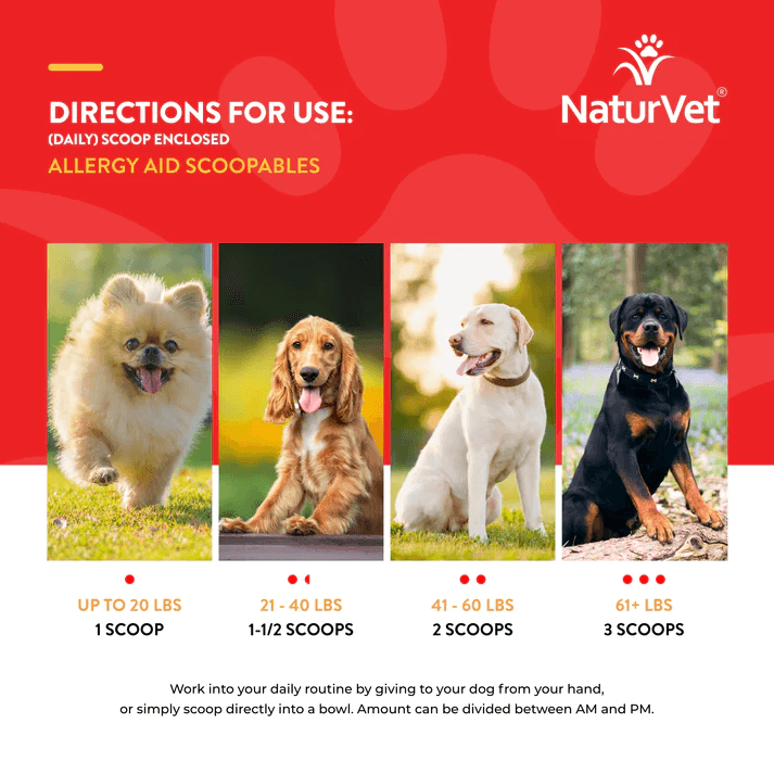 Directions for using NaturVet Allergy Aid Scoopables for dogs based on weight, with different scoop amounts for each size.