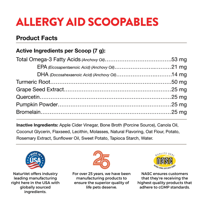 Ingredient list for NaturVet Scoopables Aller-911 Allergy Aid, featuring active and inactive components for dog health.