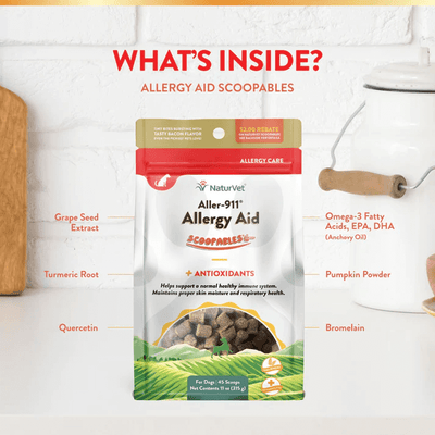 NaturVet Aller-911 Allergy Aid Scoopables packaging with ingredients for dog allergy relief, featuring bacon flavor and antioxidants.
