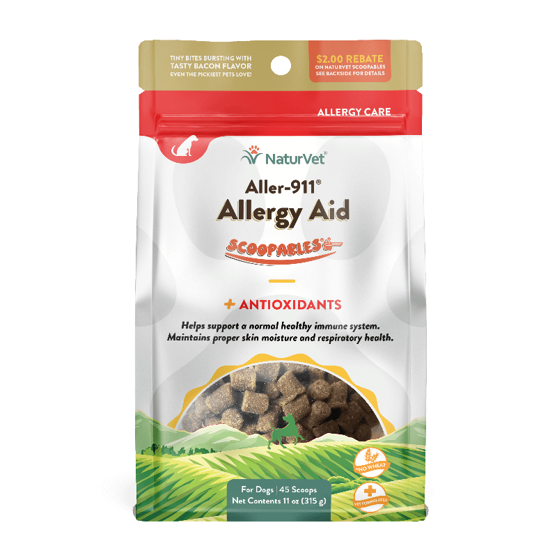 NaturVet Scoopables Aller-911 Allergy Aid dog supplement, 11oz pack, bacon flavor for allergy care and immune support.