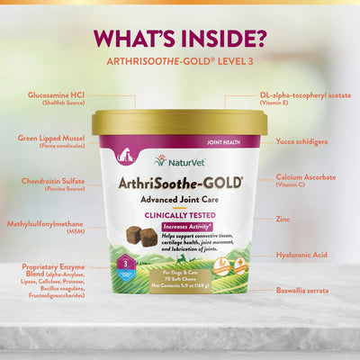 Naturvet ArthriSoothe-Gold Advanced Joint Care container with ingredient list on a light background