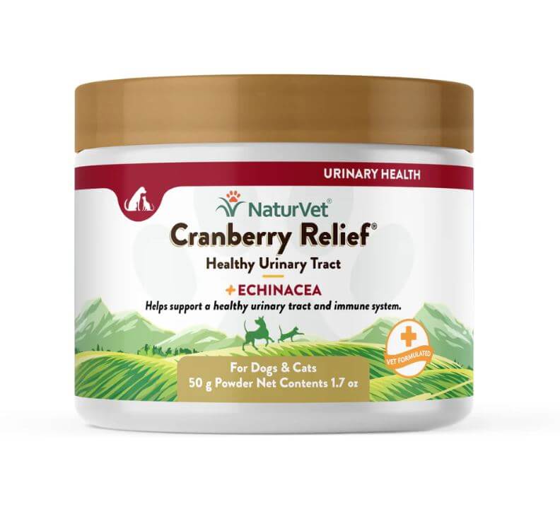 NaturVet Cranberry Relief Powder for dogs and cats, supports urinary tract health and immune function, 50g container.