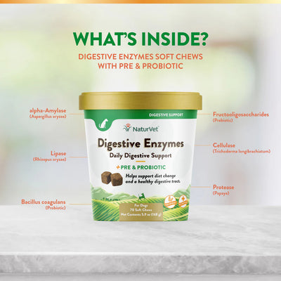 NaturVet Digestive Enzymes soft chews container with labeled ingredients on a light background