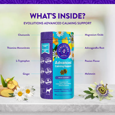 Evolutions Advanced Calming Support product with ingredients listed on a light background