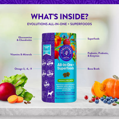 Evolution Naturals All-in-One + Superfoods supplement packaging with ingredients listed on a light background.