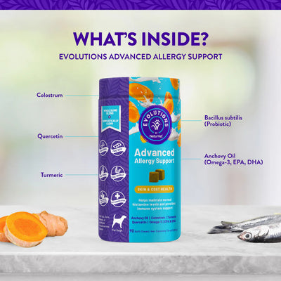 Evolutions Advanced Allergy Support supplement bottle with ingredients listed on a light background