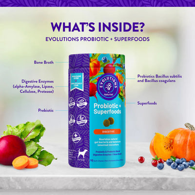 Evolution's Probiotic + Superfoods packaging with ingredients listed on a light background
